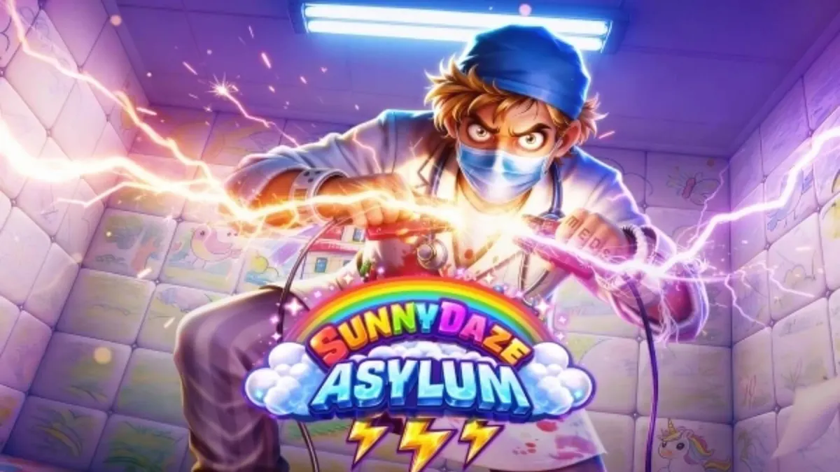 Sunnydaze Asylum স্লট গেমের নিয়ন এবং পাগলামি থিমযুক্ত ইন্টারফেস